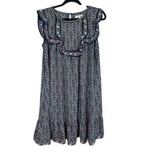 Retro Floral Ruffle Tank Dress Blue L Boho Indie Folk Feminine Colorful Chic